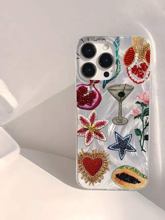 1pc Fashionable & Unique Beaded Heart, Pomegranate, Star, Flower Pattern Waterproof, Fingerprint-Proof, Scratch-Resistant Transparent IMD Soft Glossy Smooth Phone Case Shockproof Anti-Fall