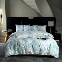 4 pièces Set de literie en coton lavé imprimé numériquement, motif jacquard, style luxueux (1 pièce housse de couette imprimée, 1 pièce drap plat de couleur unie, 2 taies d'oreiller imprimées), motif minimaliste, convient pour lit Queen/Twin/Full, doux, respirant, réversible, pour toutes les saisons, lavable en machine