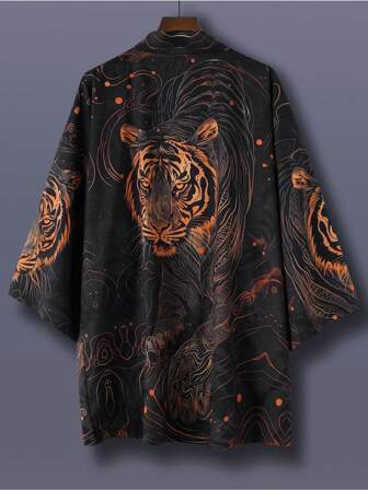 Loose Fit Street Fashion Casual Shirt Tops, Japanese Haori Kimono Style Tiger Print 3/4 Sleeve Cover Up, Unisex Lightweight Summer Beach Coverup, Vacation Party Festival Outerwear Jacket