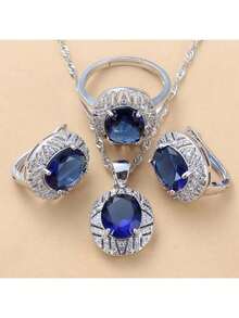 4 件 925 镀银时尚婚礼大首饰套装新娘服装彩色锆石耳环和吊坠戒指耳环女士圣诞节和感恩节生日礼物