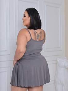 Women's Plus Size Fitness Set Top And Shorts Skirt In Ronantic Fabric: Top With Cup Support - Xám - Xem 3