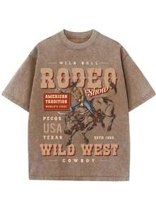 GLEC RODEO, Cowboy's Competitive Competition, Cowboy's Joyful Time, Classic Retro Fashion Casual Cowboy Riding Competition Popular Letter Pattern Printed 230g Washed Cotton T-Shirt, Men's Summer High-Quality Printed Washed Cotton Retro Fashion Brand Loose Casual Coffee Color T-Shirt, Single Piece, Suitable For Summer Outdoor Wear, With A Certain Thickness, Daily Wear And Friend Gifts, Back To School Gifts, Children's Gifts - 咖啡棕 - 查看 1