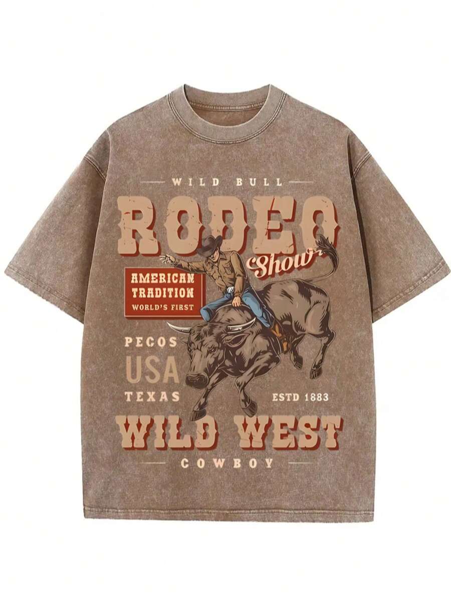 GLEC RODEO, Cowboy's Competitive Competition, Cowboy's Joyful Time, Classic Retro Fashion Casual Cowboy Riding Competition Popular Letter Pattern Printed 230g Washed Cotton T-Shirt, Men's Summer High-Quality Printed Washed Cotton Retro Fashion Brand Loose Casual Coffee Color T-Shirt, Single Piece, Suitable For Summer Outdoor Wear, With A Certain Thickness, Daily Wear And Friend Gifts, Back To School Gifts, Children's Gifts - 咖啡棕 - 查看 1
