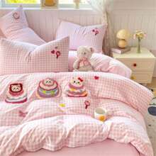 4Pcs, Gingham Bedding Set With Cute Cartoon Embroidery – Stylish Bedroom Decor For Global Shop