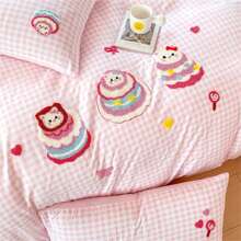 4Pcs, Gingham Bedding Set With Cute Cartoon Embroidery – Stylish Bedroom Decor For Global Shop