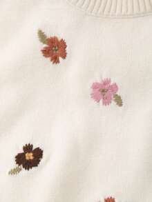 Girls Knit Round Neck Delicate Floral Embroidery Knit Hollow Side Knit Vest - Beige - View 4