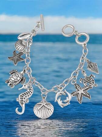 1pc Turtle, Starfish, Shell, Seahorse, Dolphin Chain Pendant Bracelet, Silver Metal Fashionable & Personalized, For Men And Women Beach Party