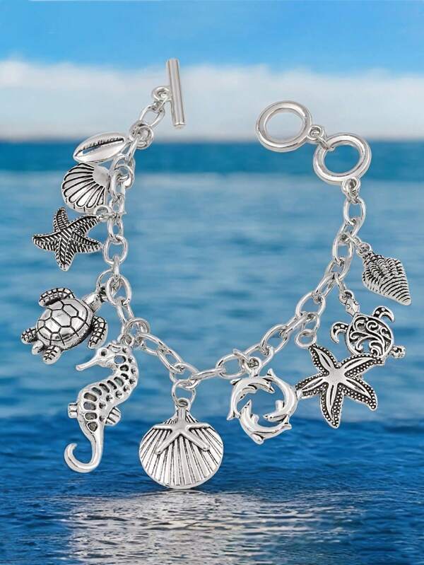 1pc Turtle, Starfish, Shell, Seahorse, Dolphin Chain Pendant Bracelet, Silver Metal Fashionable & Personalized, For Men And Women Beach Party