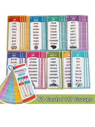 60 张/117 套儿童自然拼读闪卡，自然拼读游戏卡，学习视觉单字母、二合字母、CVC 混合短元音和长元音，学龄前自然拼读学习