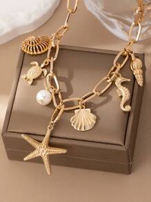 1pc Metallic Ocean Creature Pendant & Faux Pearl Chunky Chain Necklace, Suitable For Women Beach Vacation Outfit