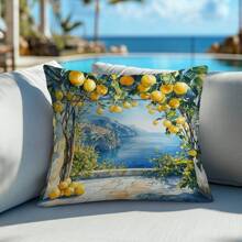 1 buc. Husă de pernă cu model de lămâie și ocean de vară, material fleece coral imprimat pe o singură față, husă de pernă decorativă 45*45cm/18*18inch, potrivită pentru canapea modernă minimalistă, sufragerie, cadou