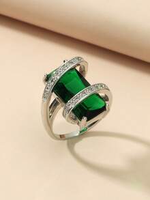 1pc Women's Fashion Emerald Green Rectangular Cubic Zirconia Copper Ring - Style 3 - View 1