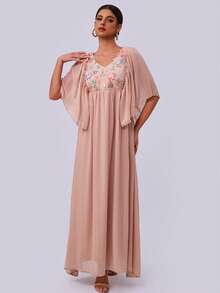 Women's Embroidered Ruffle Sleeve V-Neck Formal Dress - Khaki - View 1