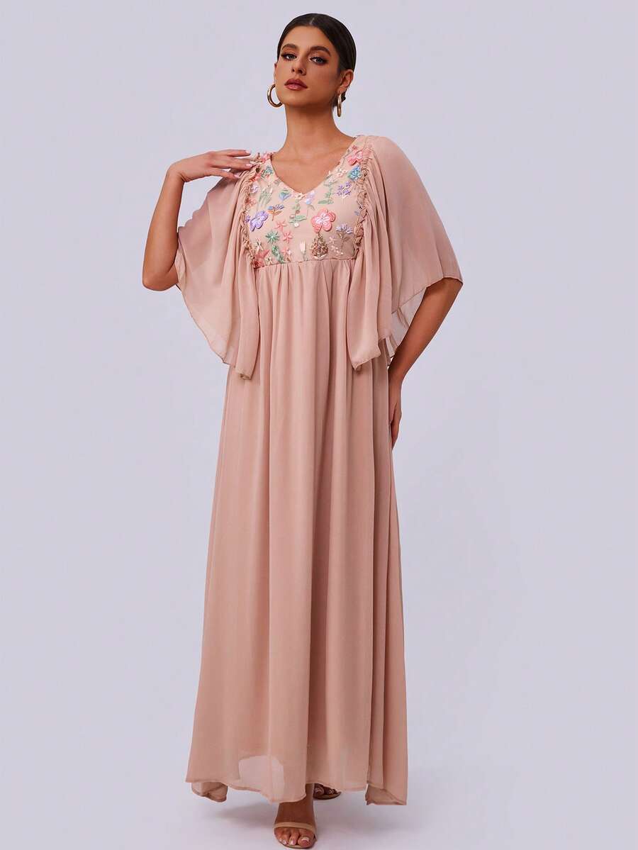 Women's Embroidered Ruffle Sleeve V-Neck Formal Dress - Khaki - View 1