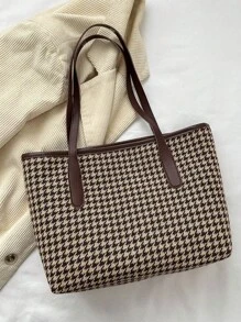 1 pezzo Borsa a tracolla grande in nylon marrone liscio, con cerniera, design con lettera, motivo pied-de-poule, decorata con rivetti, versatile e casual, adatta per uso quotidiano delle donne