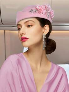 1Pc Felt Turban Hat Pillbox Hats For Women Derby Hat Fascinator Hats With Flower Embellished Elegant Ladies Tea Party Hats Vintage Beret Hat Decorated With Rhinestone Fashion Fedoras Cap For Cosplay Costume Accessories For Wedding Party Women Ladies Gift Sleep Bonnet - A - View 1