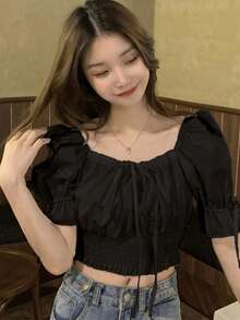 女款時尚甜美夏季純色抓皺腰部泡泡袖上衣 黑色 - 黑色 - 查看 2
