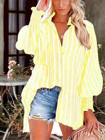 大码女式条纹水洗复古风格宽松休闲灯笼袖衬衫