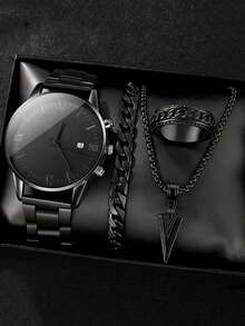 Watch 4pcs Men's Date Quartz Watch Set ,Ncluding Pendant Necklace Bracelet& Ring , The Best Gift For A Man