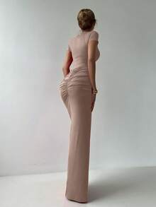 女士 2 件装优雅红色修身高弹力情人节短袖紧身衣，带荷叶边松紧腰长裙，适合春夏约会 - 灰粉紅色 - 查看 3