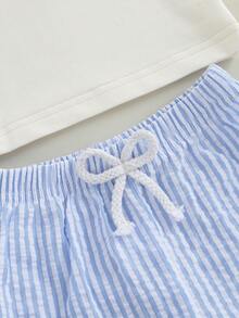 Baby Boy First Birthday Outfit Set T-Shirt Top And Seersucker Stripe Shorts Newborn Summer Clothes - Baby Blue - View 6