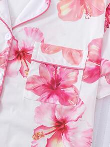 Conjunto de pijama de 2 piezas con estampado floral hawaiano para mujer, blusa de manga corta con cuello y pantalones cortos de cintura elástica, ropa de dormir de moda para fiestas de vacaciones y uso casual en casa
