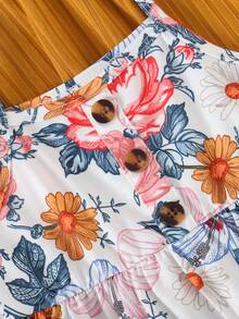 3pcs/Set Baby Girls Floral Print Sleeveless Dress + Solid Color Ribbed Button Strap Dress - Multicolor - View 3