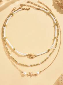 Set de 3 collares largos multienlace con cuentas de vidrio bohemias, conchas metálicas y colgante de estrella de mar, adecuados para usar en vacaciones en la playa por mujeres