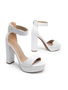 Women White Chunky Block Platform Heeled Sandals Sexy Open Toe Ankle Strap Heels With Adjustable Buckle For Party Wedding Prom - White - View 6