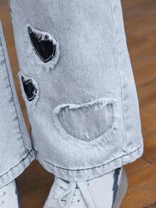 Girls' Wide Leg Jeans, Children's Washed Blue Heart Patch Casual Loose Fit Denim Pants, Relaxed Waist Jeans, Fashion Streetwear For Girls - Light Grey - View 5