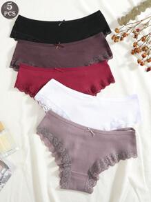 5pcs Women's Lace Patchwork Comfortable Breathable Bowknot Decor Briefs, Ladies Underwear
