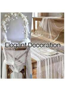 2pcs/1pc Faux Pearl Decor Table Runner, Wedding White Pearl Tulle Tablecloth, Wedding Decor Nylon Mesh Fabric, Pearl Hollow Out Mesh Fabric, Suitable For Wedding Arch Decor, Reception, Bridal Shower, Party Decor, Chair Sash, Event Backdrop