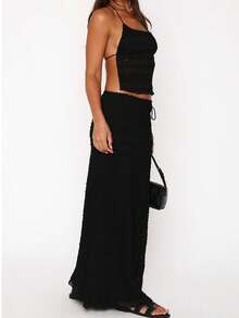 Women Y2k 2 Piece Maxi Skirt Set Sleeveless Ruffle Lace Halter Crop Top Tiered Flowy Long Skirt Summer Beach Outfit - màu đen - Xem 3