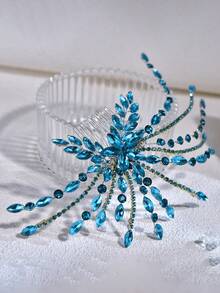 1pc Elegant Bridal Side Comb Hair Accessory, Blue Crystal Rhinestone Headpiece, Suitable For Wedding, Party, Prom, Holiday Gift Valentine's Day Accessories - Blue - View 4