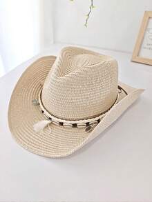 Cappello di paglia bohémien unisex, nuovo Panama intrecciato, stile cowboy o cavaliere, cappello da spiaggia per protezione solare per vacanze primaverili/estive - Multicolore - Visualizzare 5