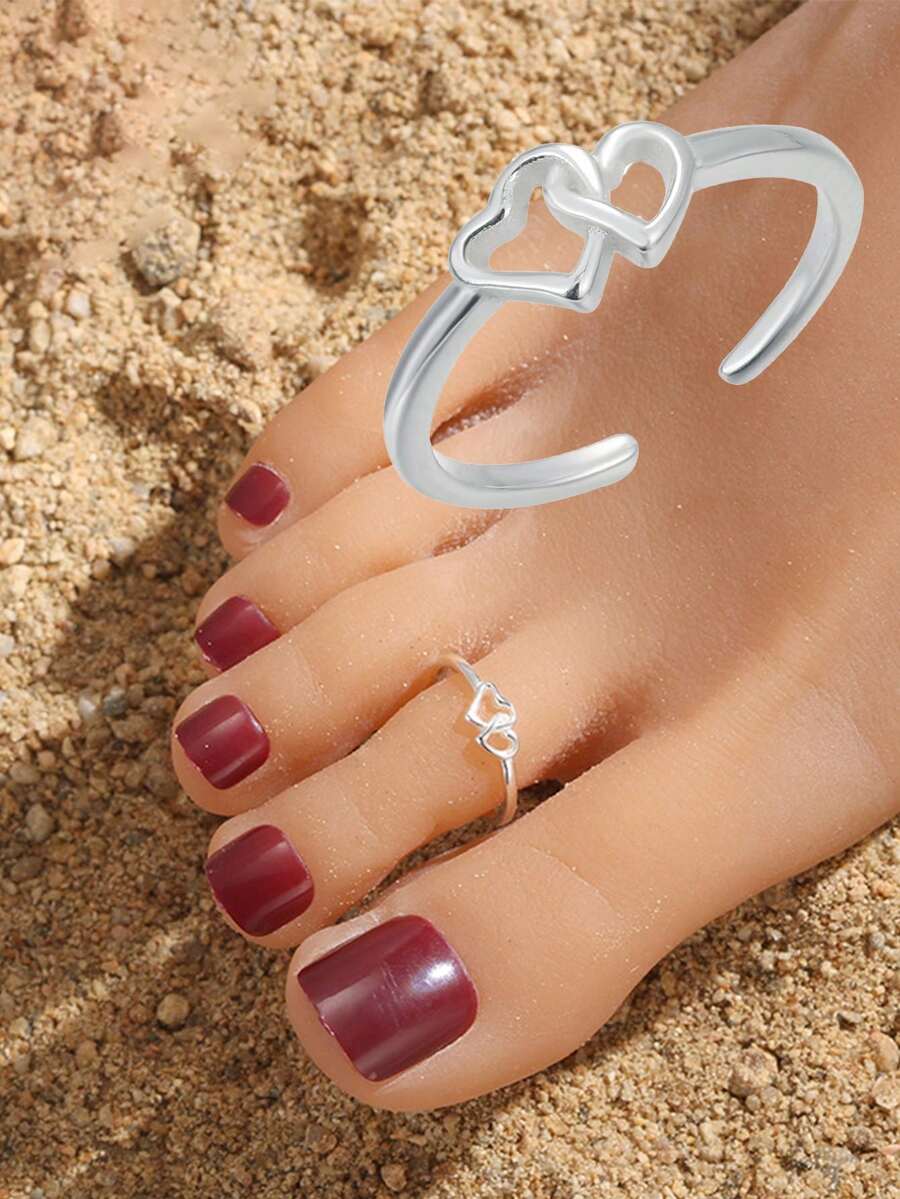 1pc Sterling 925 Silver Fashionable Elegant Cute Hollow Double Heart Opened Adjustable Foot Ring For Women Daily Wearing Friendship Jewelry Gift - Silver - View 1