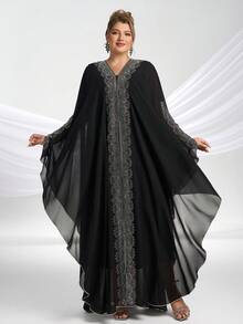 YISIKADO Plus Size Women Modest Festival Dress Arabic Style Rhinestone Chiffon V-Neck 2 Pieces Set Prom Party Loose Long Dress Turkish Style Hooded Long Sleeve Dress Kaftan Arabian Dress, Formal, Gown, For Evening, Wedding Guest - Black - View 4