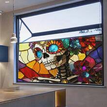 1 Rolle leicht zuschneidbare einseitig bunte Skelett Fensterfolie mit Frosteffekt, statische Haftung ohne Klebstoff, Buntglas Fensterfolie Kunst Dekoration, Fensteraufkleber, Fenstersticker