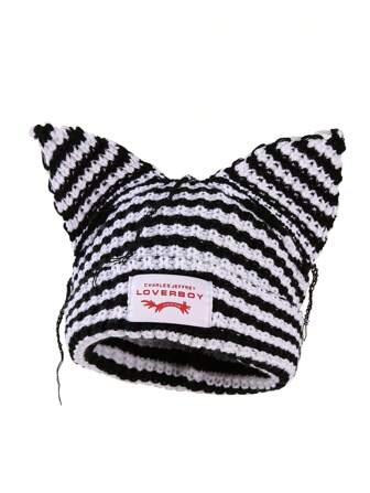 1pc Women's Fashion Striped Ear Adorned Distressed Fabric Tag Knitted Hat, Warm For Autumn/Winter Outfit Beanie Fall Outfit