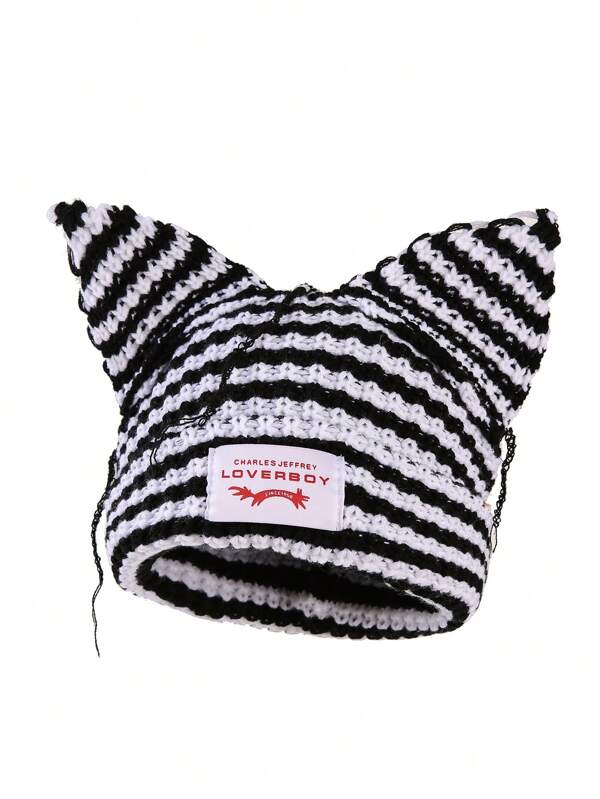 1pc Women's Fashion Striped Ear Adorned Distressed Fabric Tag Knitted Hat, Warm For Autumn/Winter Outfit