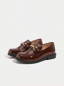 British Style Flat Metal Buckle Kids Loafers, Spring/Summer - Brown - View 1