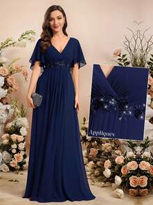 优雅冬季V领刺绣荷叶边袖褶皱雪纺藏蓝色伴娘礼服、婚礼宾客礼服、半正式晚礼服、新年礼服 - 藏蓝色 - 查看 9