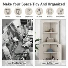 Armario de esquina alto con puertas para la sala de estar, el baño, el comedor o la cocina - Beige + Tablero de partículas + MDF - Ver 3