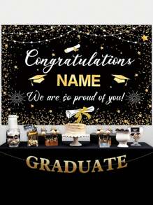 1pc Personalized Black And Gold 2025 With Customizable Name Graduation Party Special Customized Name Banner, Durable Fabric For Photography Background, Congratulations Graduation Banner, Graduation Party Decoration Photo Booth Props, Graduation Poster, Ceremony, Prom, No Electricity Required, Three Sizes Available