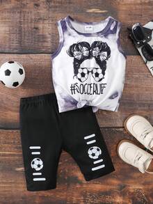 Baby Mädchen Outdoor Sport Lässig Frühling/Sommer 2-Teiler, mit Farbverlauf Schwarz & Weiß Graffiti, Mädchen Schleife, Brille, Buchstaben Muster ärmelloses Top und schwarze Fußball Linien Shorts - Weiss - Übersicht 1