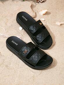 Sandalias negras de moda para mujer con suela gruesa para aumentar la altura, cómodas para vacaciones y la playa - Negro - Ver 3