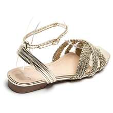 Flat Sandals With Woven Crescent-Shaped Straps And Adjustable Buckle - Fashionable And Comfortable Summer Style - Gold - View 4