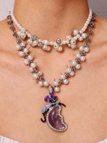 1 Pc Punk Style Multi-Layer Moon & Pearl Choker Necklace, Unique Design Vintage Personalized Clavicle Chain, Women's Festival Party Jewelry - Multicolor - View 2