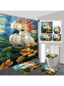1 件/4 件套森林鹦鹉浴帘，带防滑垫、马桶盖、浴室垫和 12 个塑料挂钩 - 可机洗，耐污涤纶浴室装饰，适合所有季节 - 自然主题沐浴配件套装 - 彩色 - 查看 6