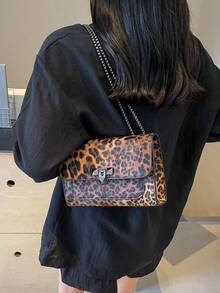 Túi xách họa tiết da báo thời trang cổ điển, khóa cứng, mở nắp, dây xích đôi bằng kim loại, túi đeo chéo đa năng và thanh lịch, phù hợp cho cuộc sống hàng ngày, giải trí, đi làm, đi học của các cô gái - Cà phê nâu - Xem 7